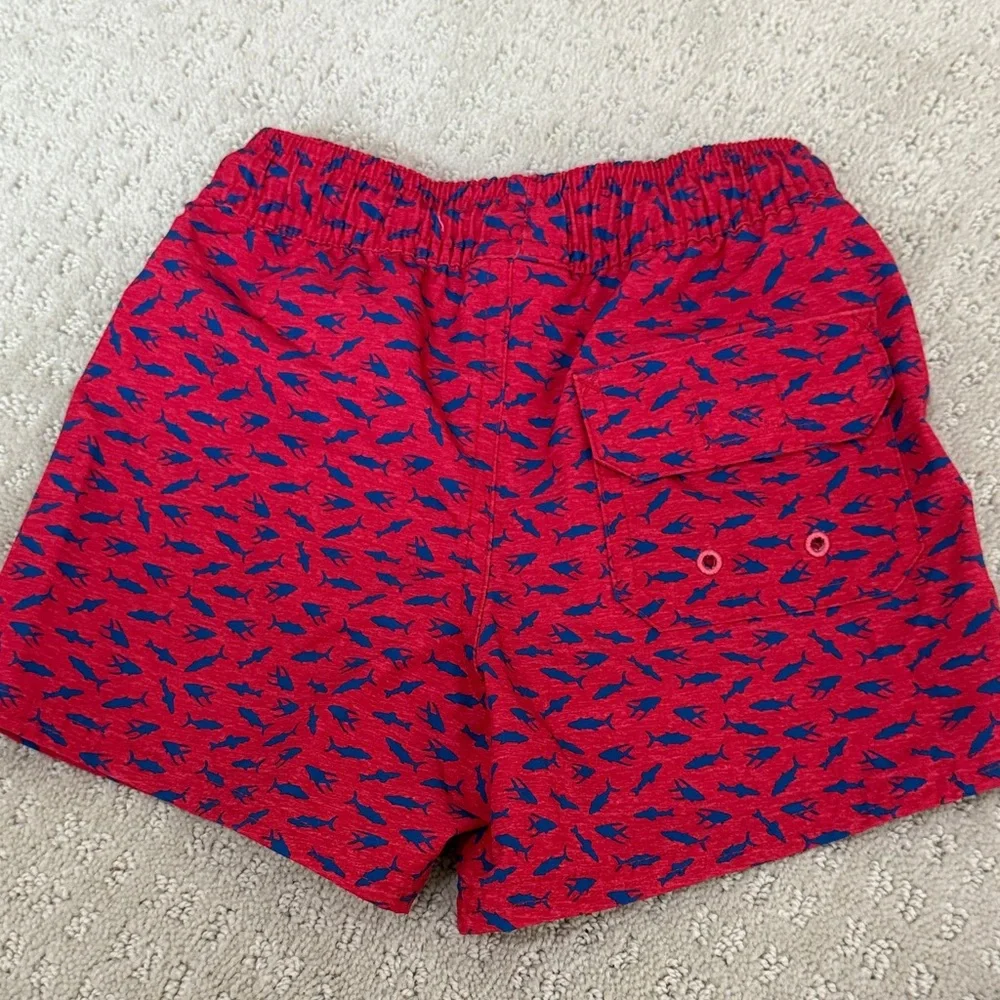 Vineyard Vines Red Swim Shorts with Blue Fish Print
